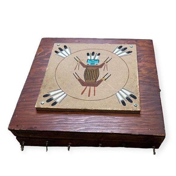 Home Brown Hand Painted Tribal Wall Mount Wooden Key Storage Box Cabinet OS - Picture 1 of 6
